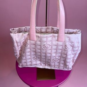 Authentic Chanel Travel Line Nylon Jacquard Leather CC Tote Bag Pink y2k era